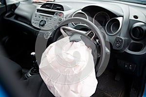 Interior Of Car After Accident With Safety Airbag Deployed photo