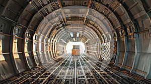 the interior of a cargo plane filled with stacked pallets and containers