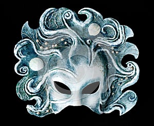 Interior and carnaval mask embodying the element of water, isolated on black background