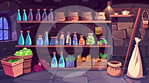 An interior cartoon illustration of a pantry in a basement larder, showing food preserves in glass jars, bottles, sacks