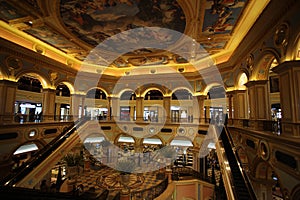 Interior and casino of the Venetian, a luxury hotel in Macau