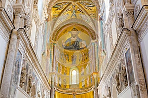 Interior of the Cathedral-Basilica of Cefalu. Mosaic of Christ.