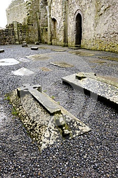 The interior of the cathedral in the medieval monastery of Clonmacnoise, during a rainy summer day
