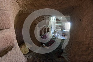 Interior of the cave dwelling in Cappadocia. Turkey