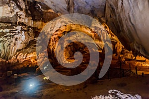 Interior of chamber with stalagmites and stalactites in the lang cave at Gunung Mulu national park. Sarawak