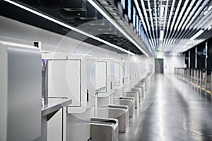 Interior of check-in area in modern airport: luggage accept terminals with baggage handling belt conveyor systems