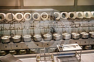 Interior of cheese dairy factory. Equipment at cheese dairy plant