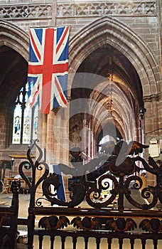 Interior of Chester Cathedral with Union Jack, Northern England