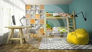 Interior of children room with bunk bed 3D rendering