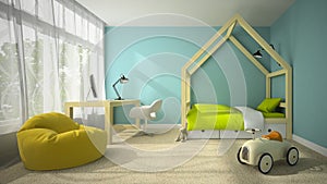 Interior of children room with toy car 3D rendering