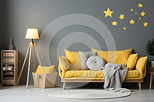 Interior of a children\'s room, teenager\'s bedroom in grey and yellow colors.