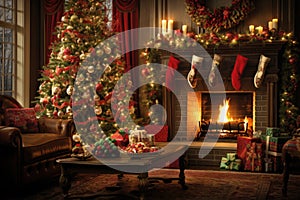 Interior christmas Craft holiday magic Christmas tree, fireplace presents and heartwarming scene