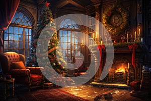Interior christmas Craft holiday magic Christmas tree, fireplace presents and heartwarming scene