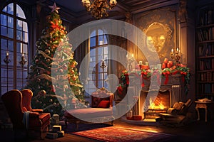 Interior christmas Craft holiday magic Christmas tree, fireplace presents and heartwarming scene