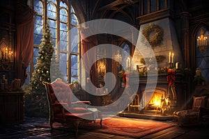 Interior christmas Craft holiday magic Christmas tree, fireplace presents and heartwarming scene