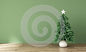 Interior with Christmas fir tree and empty green mockup wall background.