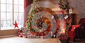 Interior christmas. magic glowing tree, fireplace, gifts