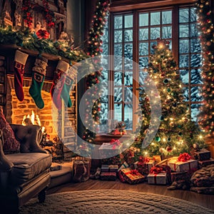 interior christmas. magic glowing tree, fireplace, gifts in dark. Background