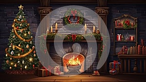 interior christmas. magic glowing tree, fireplace, gifts in dark at night. ai generative