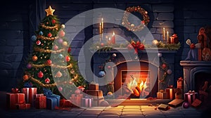 interior christmas. magic glowing tree, fireplace, gifts in dark at night. ai generative