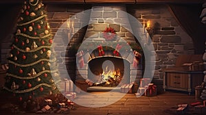 interior christmas. magic glowing tree, fireplace, gifts in dark at night. ai generative