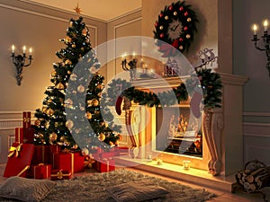 Interior with Christmas tree, presents and fireplace. Postcard. photo