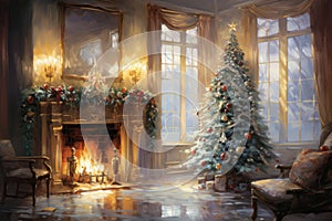 Interior christmas watercolor Craft holiday magic Christmas tree, fireplace presents and heartwarming scene