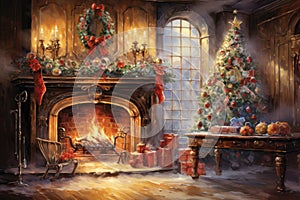 Interior christmas watercolor Craft holiday magic Christmas tree, fireplace presents and heartwarming scene