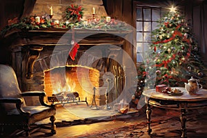 Interior christmas watercolor Craft holiday magic Christmas tree, fireplace presents and heartwarming scene