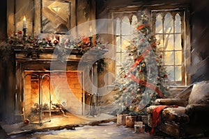 Interior christmas watercolor Craft holiday magic Christmas tree, fireplace presents and heartwarming scene