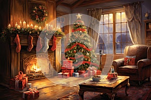 Interior christmas watercolor Craft holiday magic Christmas tree, fireplace presents and heartwarming scene