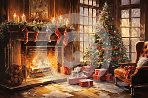 Interior christmas watercolor Craft holiday magic Christmas tree, fireplace presents and heartwarming scene