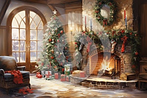 Interior christmas watercolor Craft holiday magic Christmas tree, fireplace presents and heartwarming scene