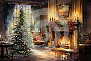 Interior christmas watercolor Craft holiday magic Christmas tree, fireplace presents and heartwarming scene