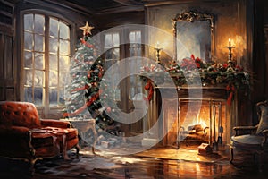 Interior christmas watercolor Craft holiday magic Christmas tree, fireplace presents and heartwarming scene