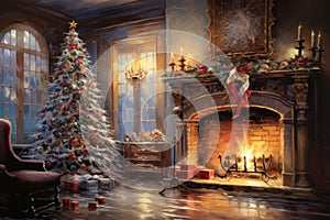 Interior christmas watercolor Craft holiday magic Christmas tree, fireplace presents and heartwarming scene