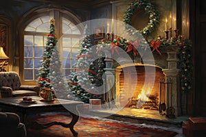 Interior christmas watercolor Craft holiday magic Christmas tree, fireplace presents and heartwarming scene