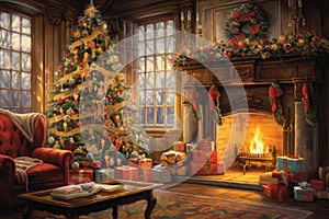 Interior christmas watercolor Craft holiday magic Christmas tree, fireplace presents and heartwarming scene