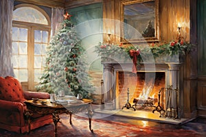 Interior christmas watercolor Craft holiday magic Christmas tree, fireplace presents and heartwarming scene