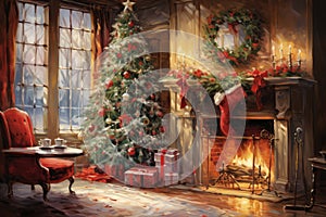 Interior christmas watercolor Craft holiday magic Christmas tree, fireplace presents and heartwarming scene