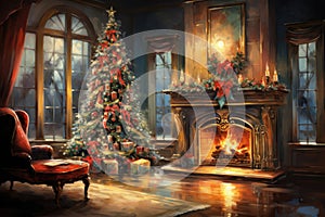 Interior christmas watercolor Craft holiday magic Christmas tree, fireplace presents and heartwarming scene