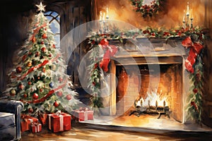 Interior christmas watercolor Craft holiday magic Christmas tree, fireplace presents and heartwarming scene