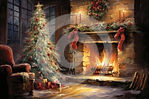 Interior christmas watercolor Craft holiday magic Christmas tree, fireplace presents and heartwarming scene