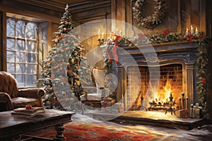 Interior christmas watercolor Craft holiday magic Christmas tree, fireplace presents and heartwarming scene