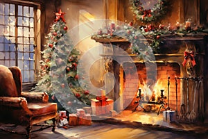 Interior christmas watercolor Craft holiday magic Christmas tree, fireplace presents and heartwarming scene