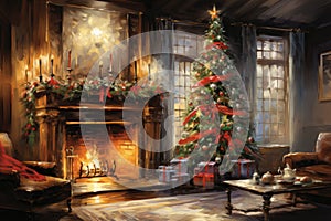 Interior christmas watercolor Craft holiday magic Christmas tree, fireplace presents and heartwarming scene