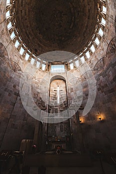 Interior of Church of the Holy Archangels in the shape of a cylinder is located in the Catholic Christian complex of