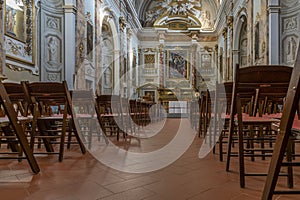 The interior of the church of San Donato and Sant`Ilariano d`Arezzo, Camaldoli, Arezzo, Italy