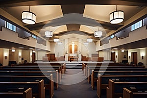 interior of church showing pulpit with modern light fixtures