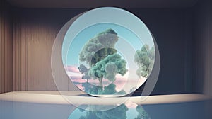 Interior with circular architecture form in 3D style. Abstract room with arc element and trees.